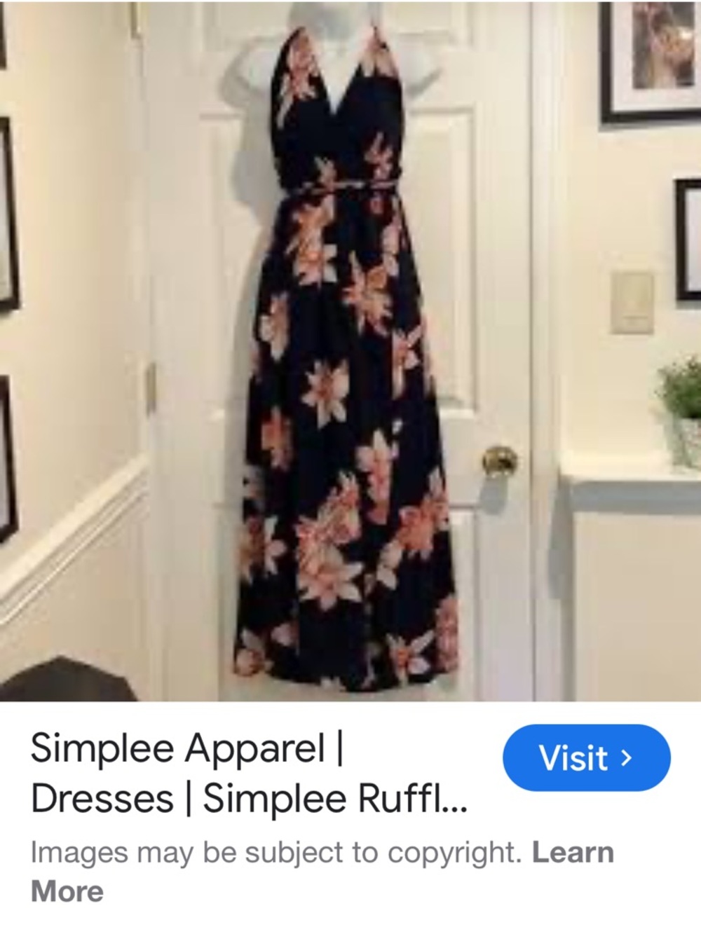 Simplee Dress Navy Floral Halter Top Deep V-Neck-High Side Slit Size 21”Waist